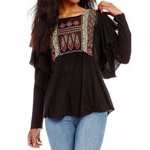 Free People Tops - Free People Black Embroidered Ruffle Sleeve Mesh Yoke Top OB651125 Size S NEW